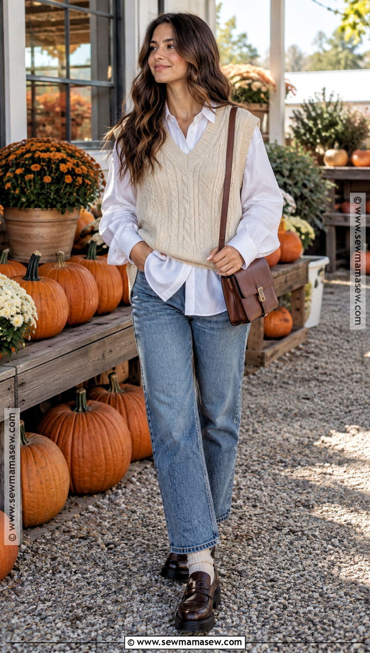 Pumpkin Patch Outfit With Knit Vest And White Shirt - 25 Pumpkin Patch Outfit Ideas