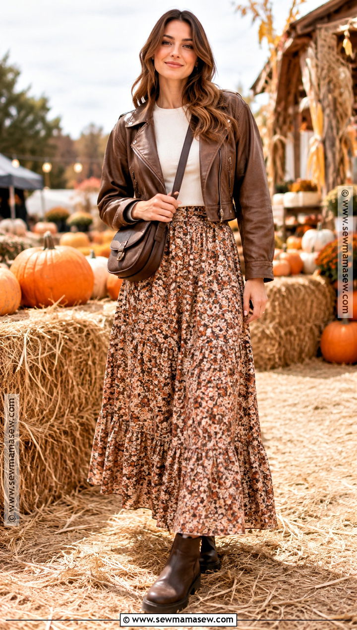 Pumpkin Patch Outfit With Leather Jacket And Maxi Skirt - 25 Pumpkin Patch Outfit Ideas