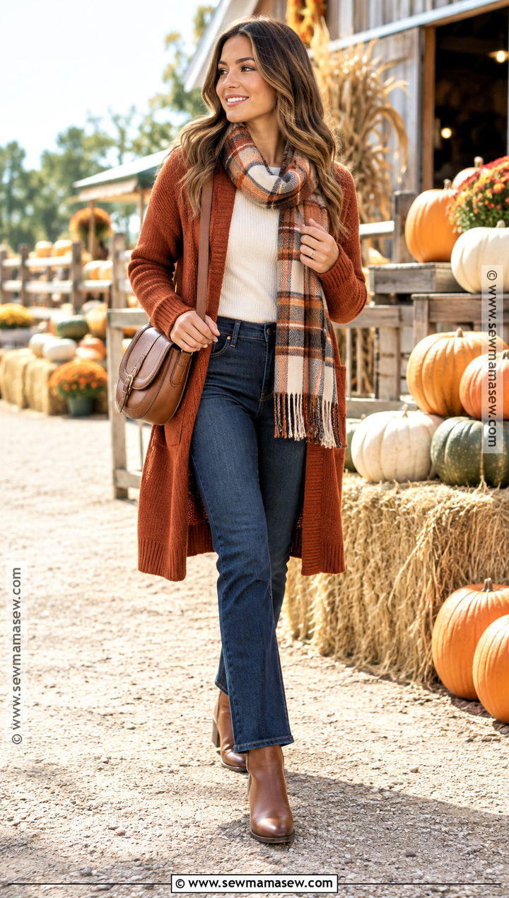 Pumpkin Patch Outfit With Long Cardigan And Dark Jeans - 25 pumpkin patch outfit cold weather ideas