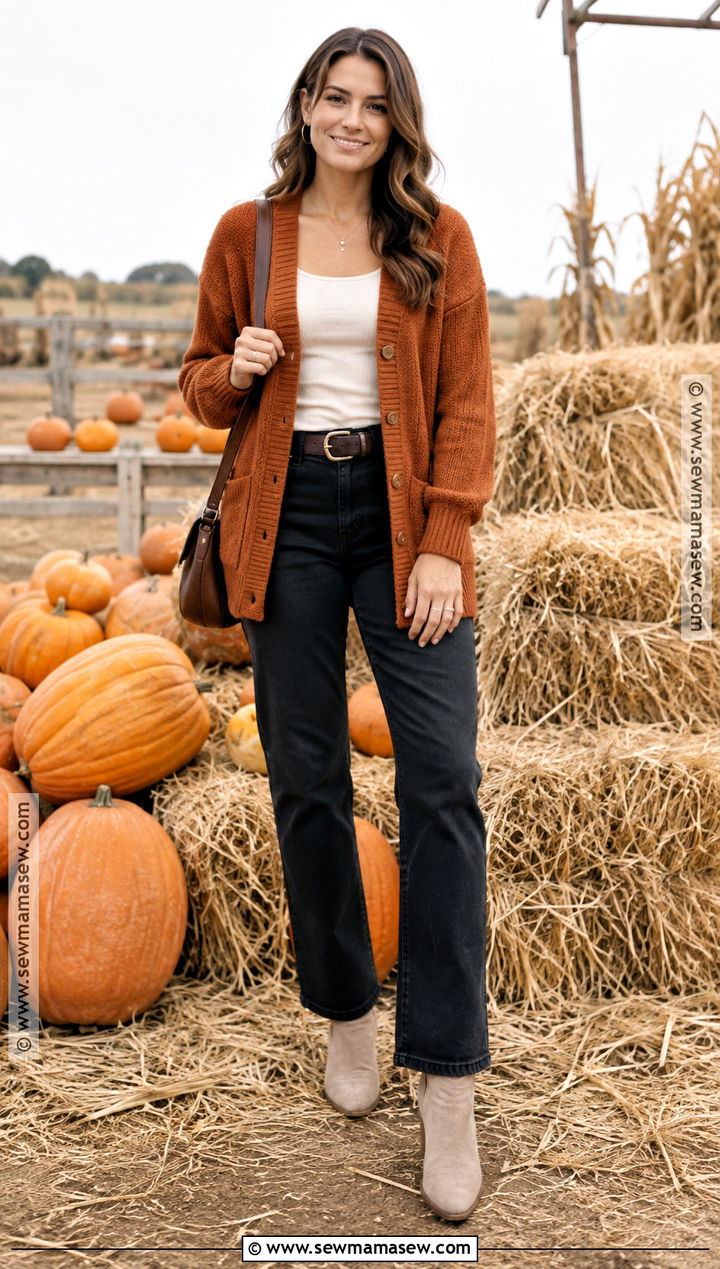 Pumpkin Patch Outfit With Orange Cardigan And Black Jeans - 20 Fall Outfits For Pumpkin Patch