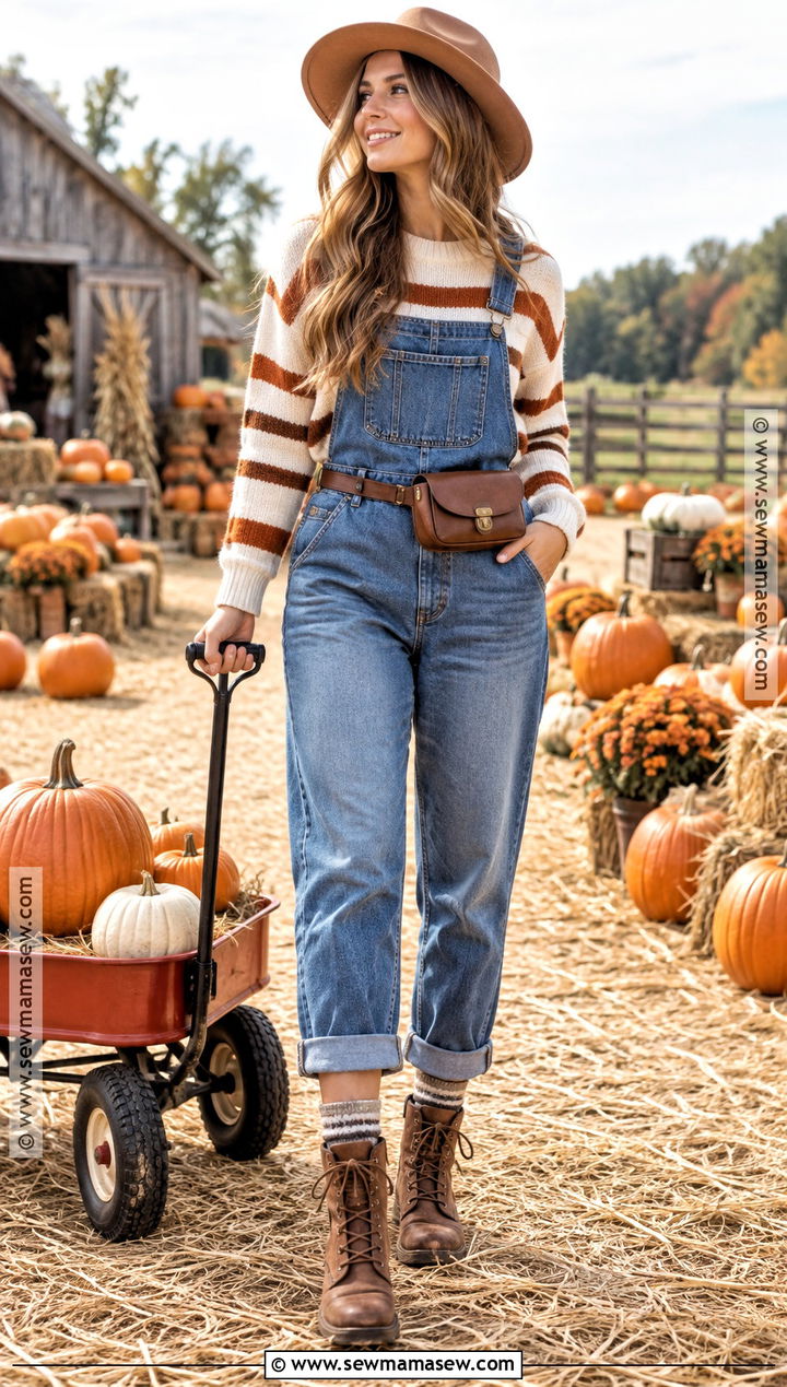 Pumpkin Patch Outfit With Overalls And A Striped Sweater - 30 pumpkin patch outfit ideas