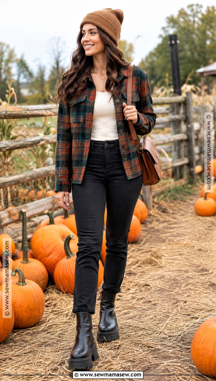 Pumpkin Patch Outfit With Plaid Shacket And Black Jeans - 20 pumpkin outfit ideas for women