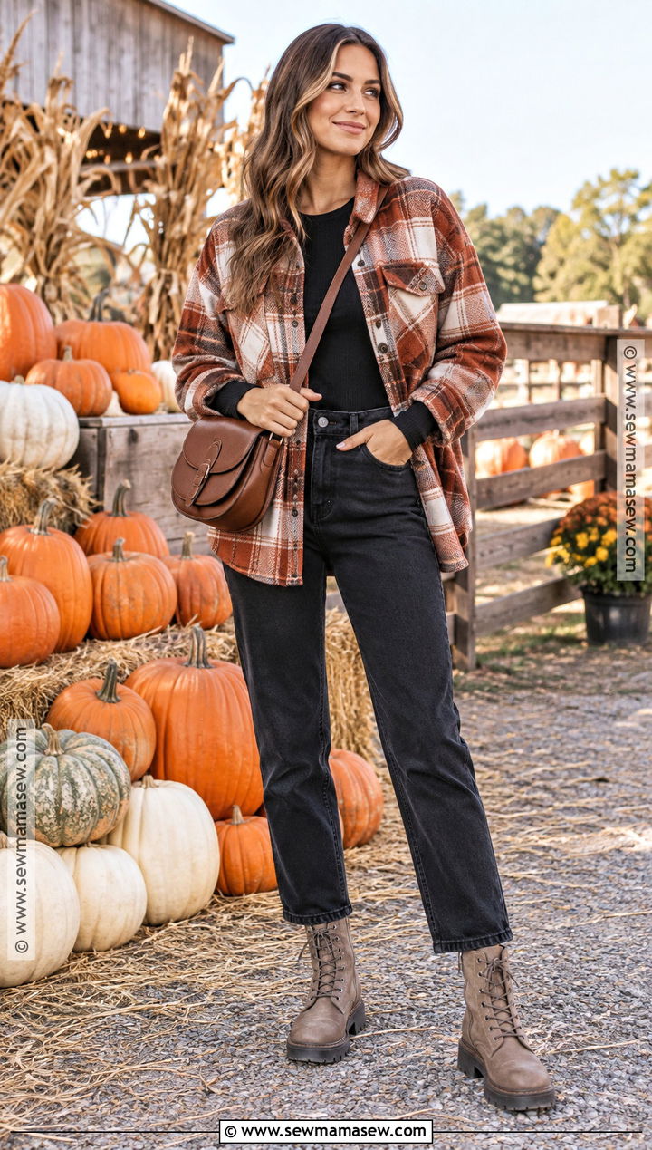 Pumpkin Patch Outfit With Plaid Shacket And Black Jeans - 15 Fall Outfit Inspo Pumpkin Patch Ideas