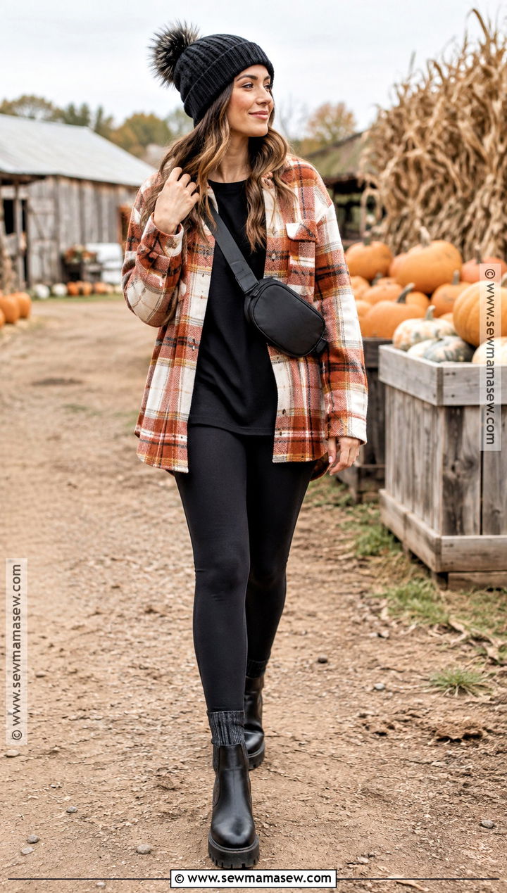Pumpkin Patch Outfit With Plaid Shacket And Black Leggings - 30 pumpkin patch outfit ideas