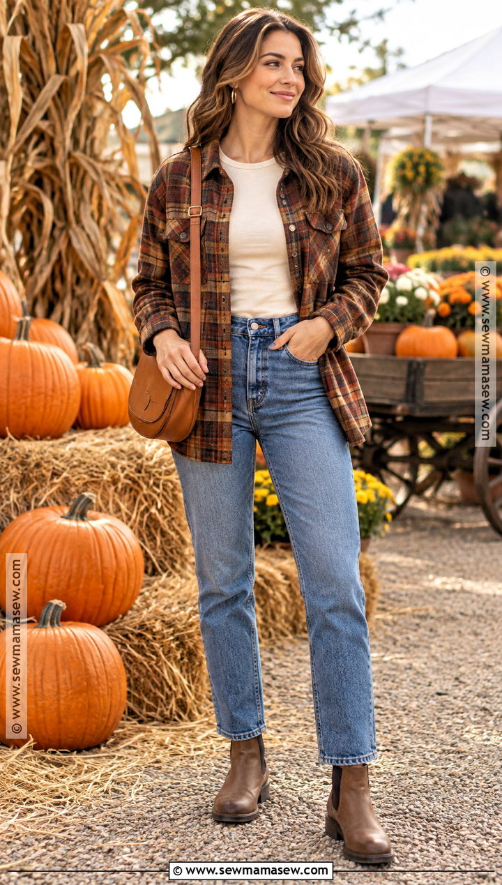 Pumpkin Patch Outfit With Plaid Shacket And Jeans - 20 Fall Outfits For Pumpkin Patch