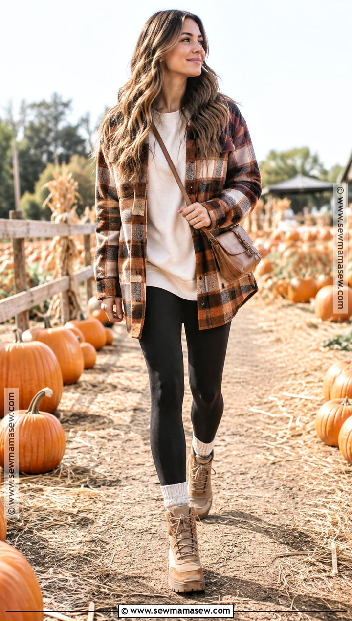 Pumpkin Patch Outfit With Plaid Shacket And Leggings - 25 Pumpkin Patch Outfit Ideas