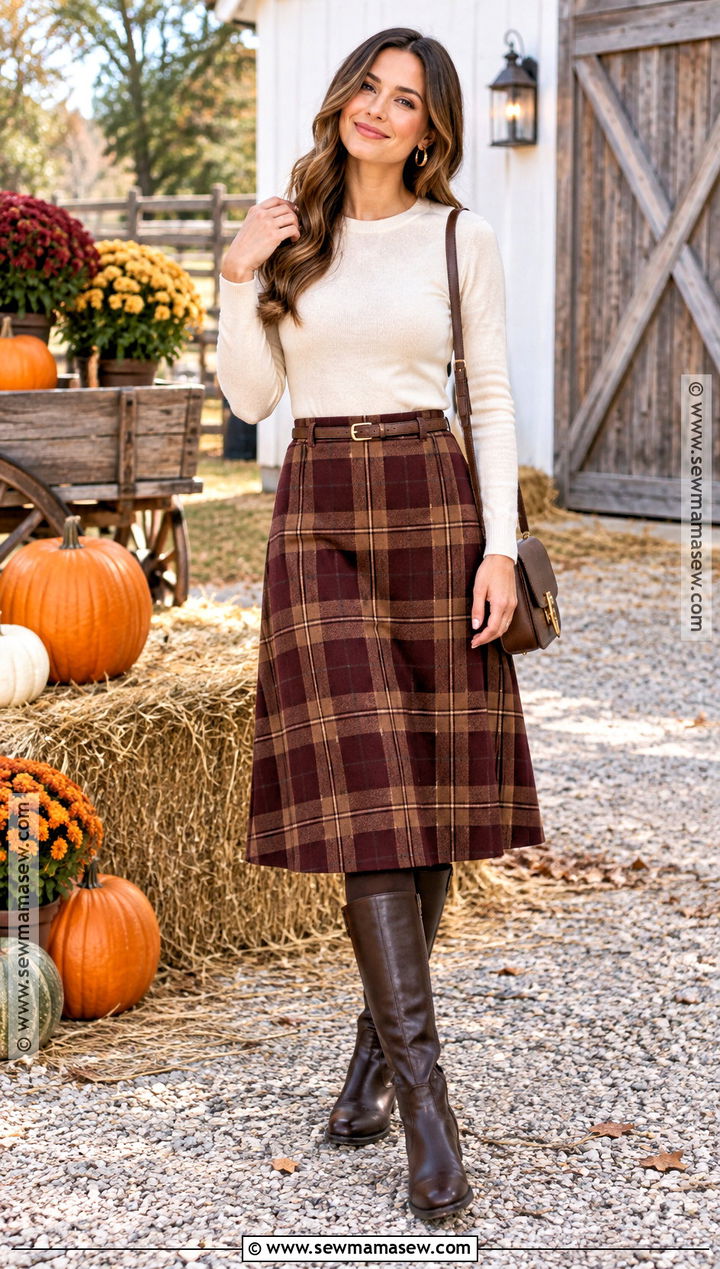 Pumpkin Patch Outfit With Plaid Skirt And Crewneck Sweater - 15 fall fits for pumpkin patch