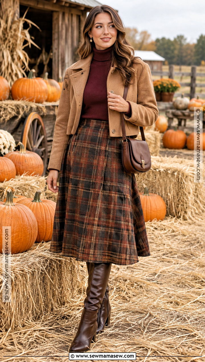 Pumpkin Patch Outfit With Plaid Skirt And Turtleneck - 25 Pumpkin Patch Outfit Ideas