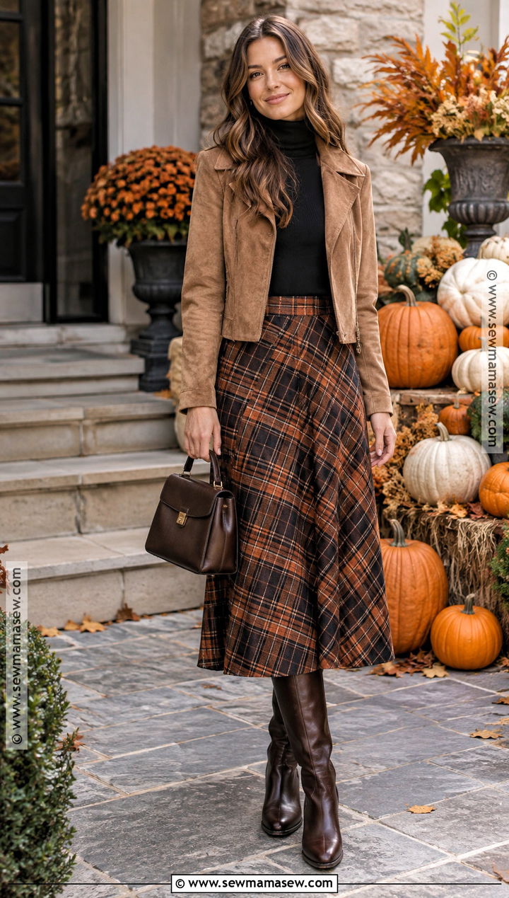 Pumpkin Patch Outfit With Plaid Skirt And Turtleneck - 20 pumpkin outfit ideas for women