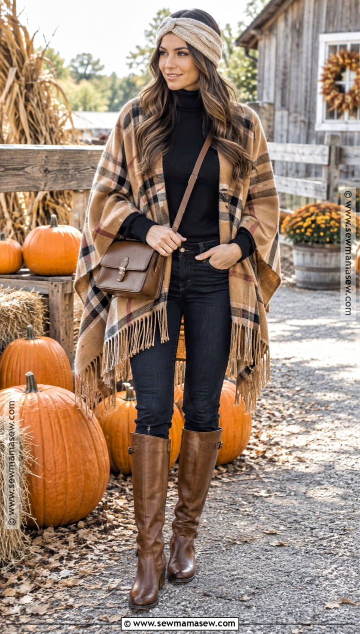 Pumpkin Patch Outfit With Poncho And Skinny Jeans - 20 pumpkin outfit ideas for women