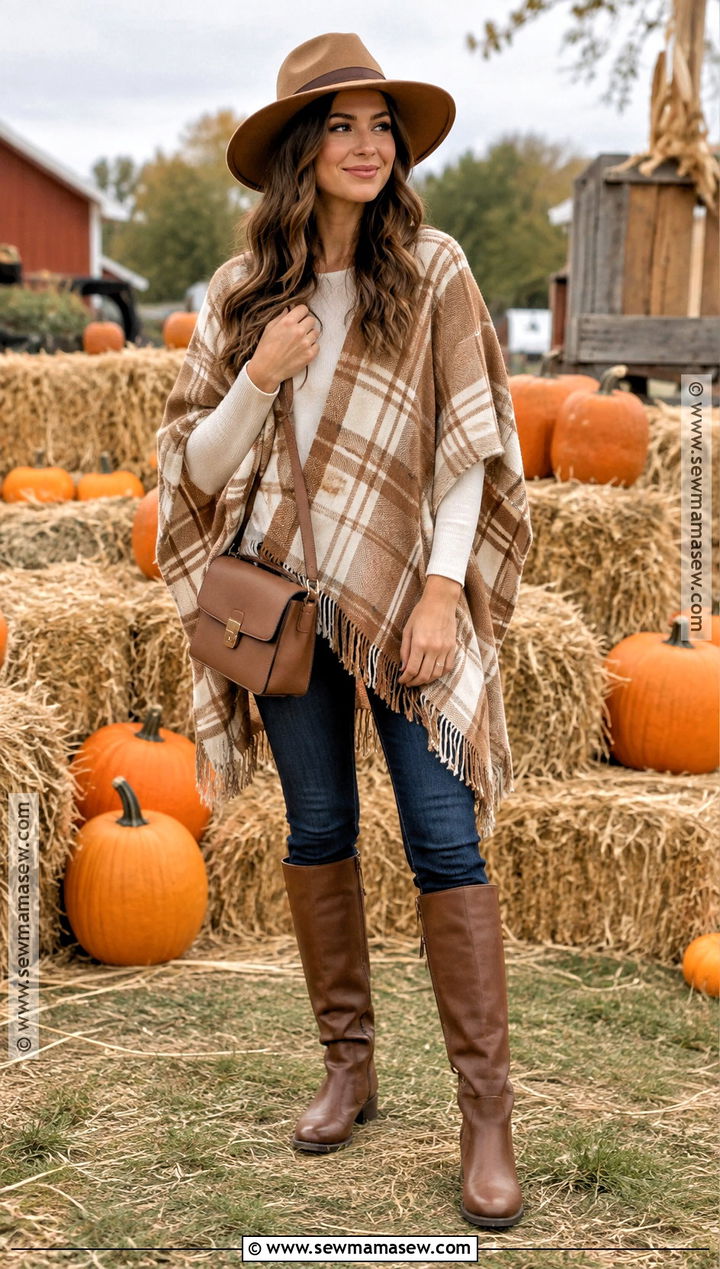 Pumpkin Patch Outfit With Poncho And Skinny Jeans - 20 Fall Outfits For Pumpkin Patch