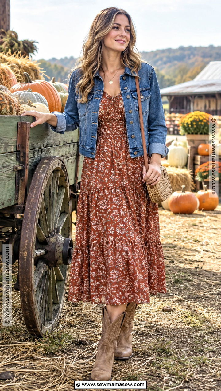 Pumpkin Patch Outfit With Prairie Dress And Cowboy Boots - 15 Fall Outfit Inspo Pumpkin Patch Ideas