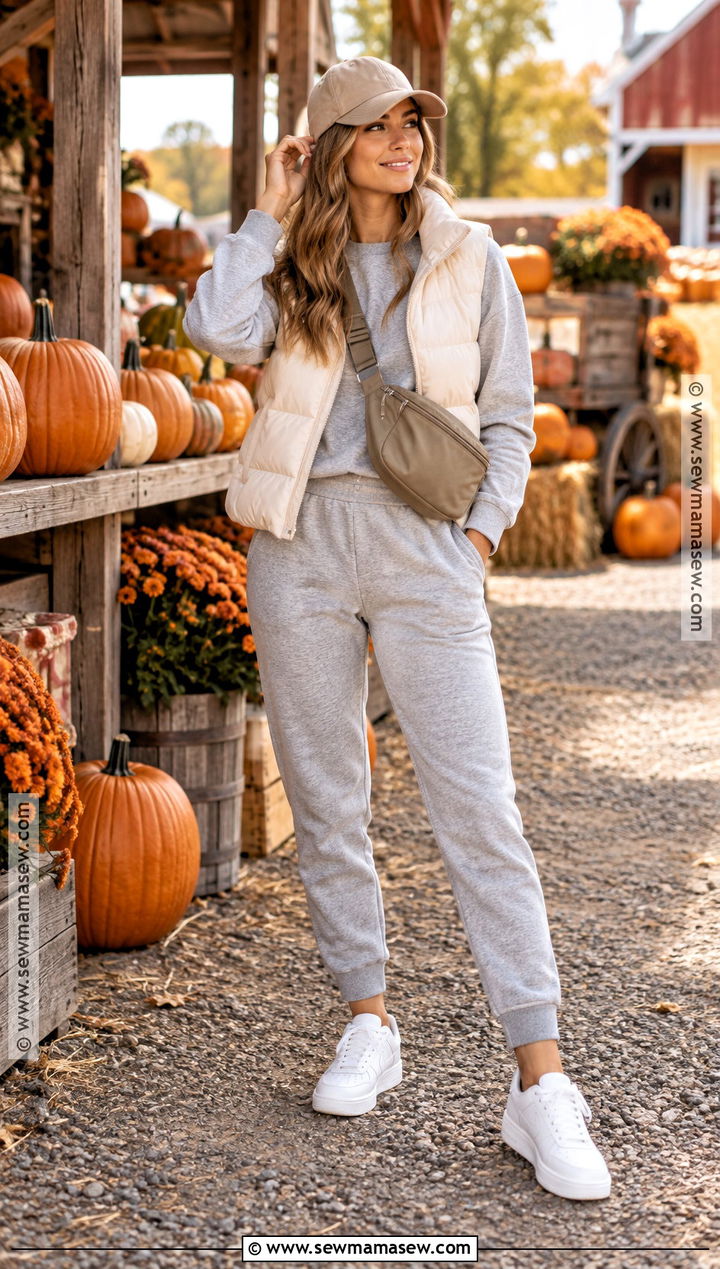 Pumpkin Patch Outfit With Puffer Vest And Joggers - 15 Fall Outfit Inspo Pumpkin Patch Ideas