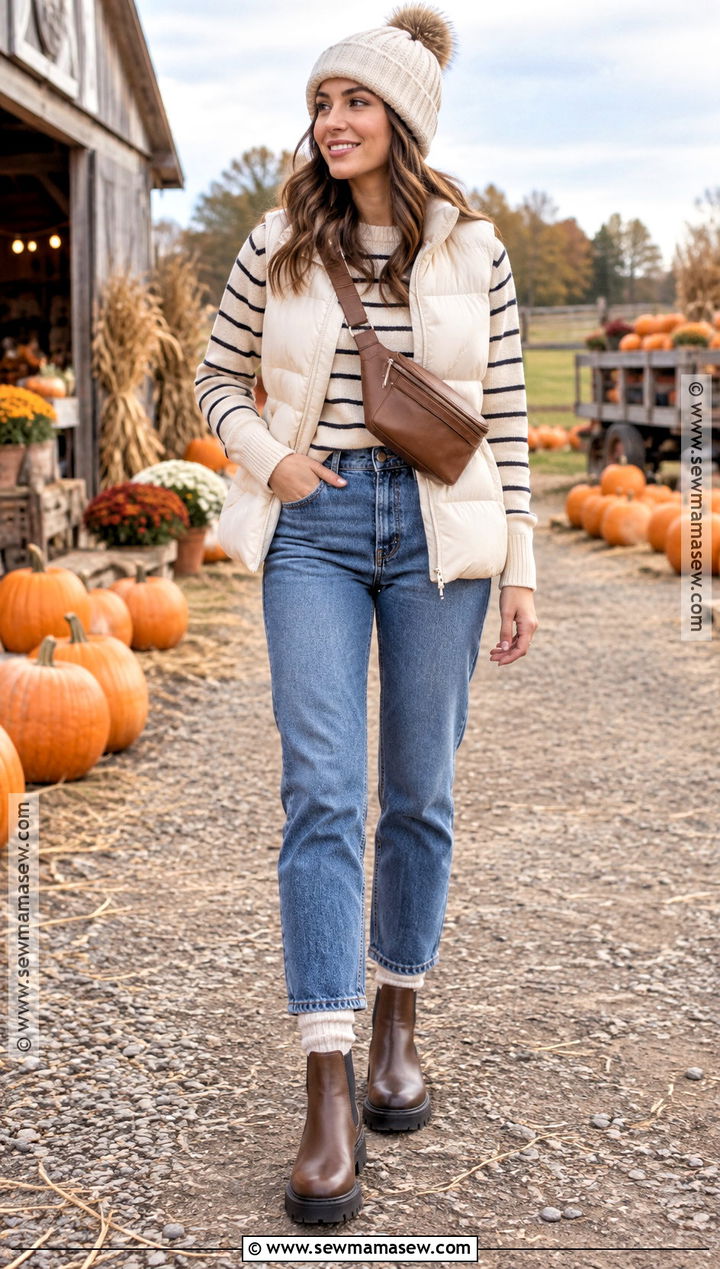 Pumpkin Patch Outfit With Puffer Vest And Straight Jeans - 25 Pumpkin Patch Outfit Ideas