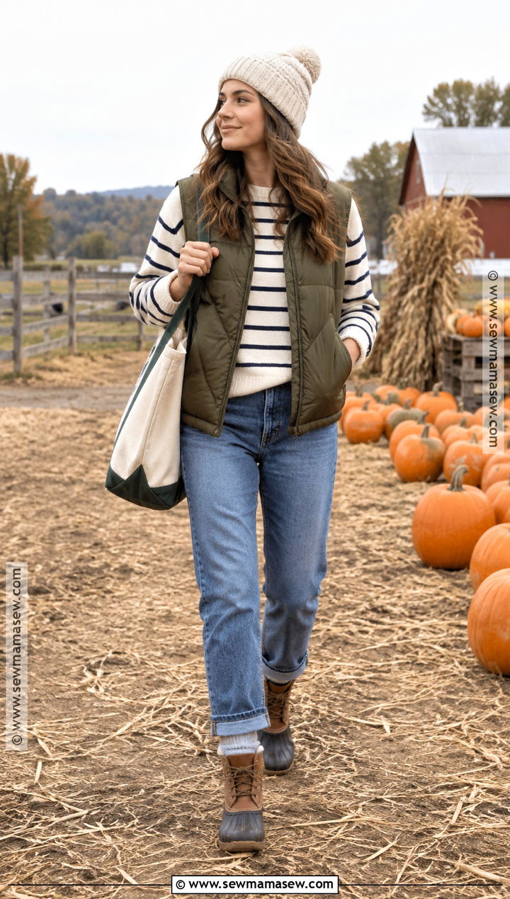 Pumpkin Patch Outfit With Puffer Vest And Straight Jeans - 30 pumpkin patch outfit ideas