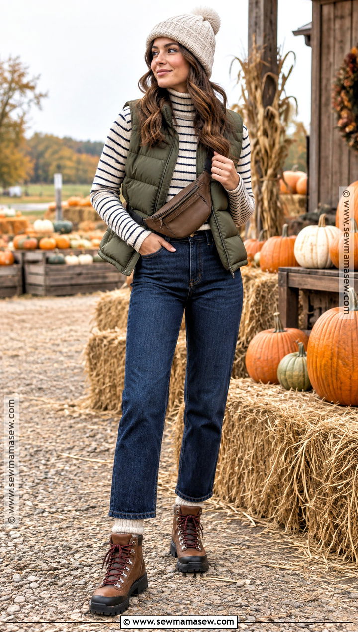 Pumpkin Patch Outfit With Puffer Vest And Straight Jeans - 25 pumpkin patch outfit cold weather ideas
