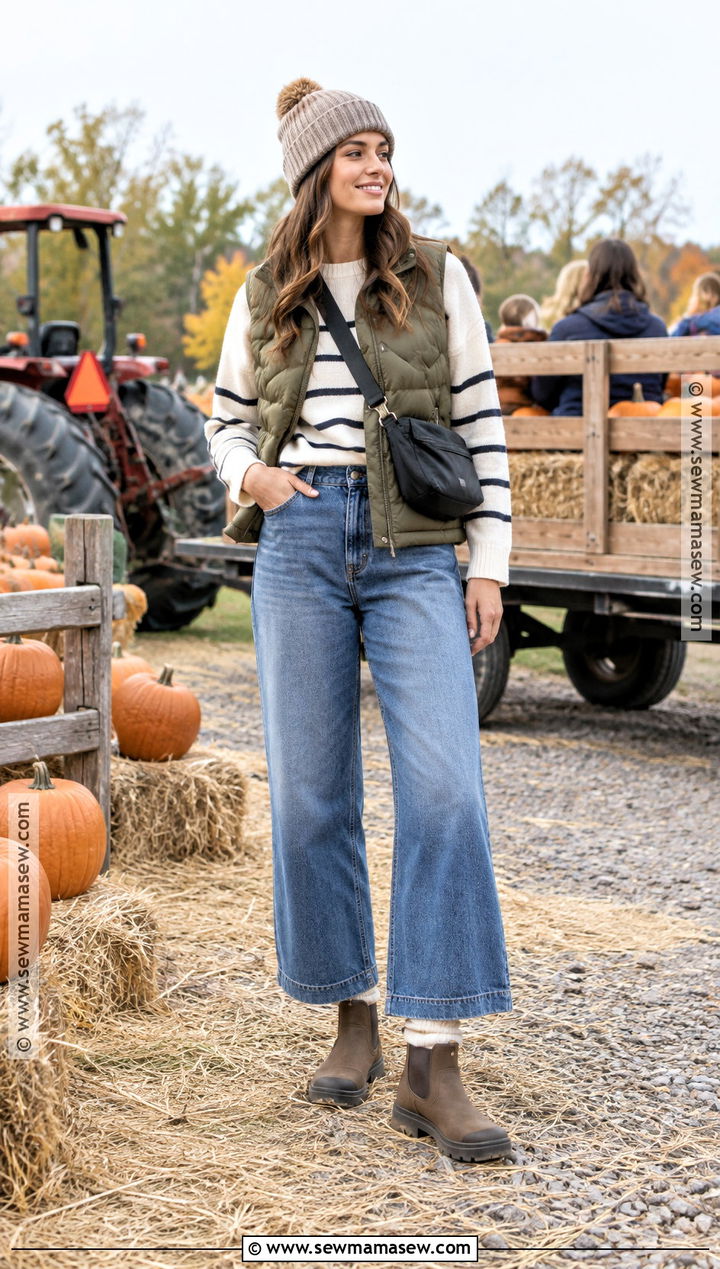 Pumpkin Patch Outfit With Puffer Vest And Wide Leg Jeans - 15 fall fits for pumpkin patch