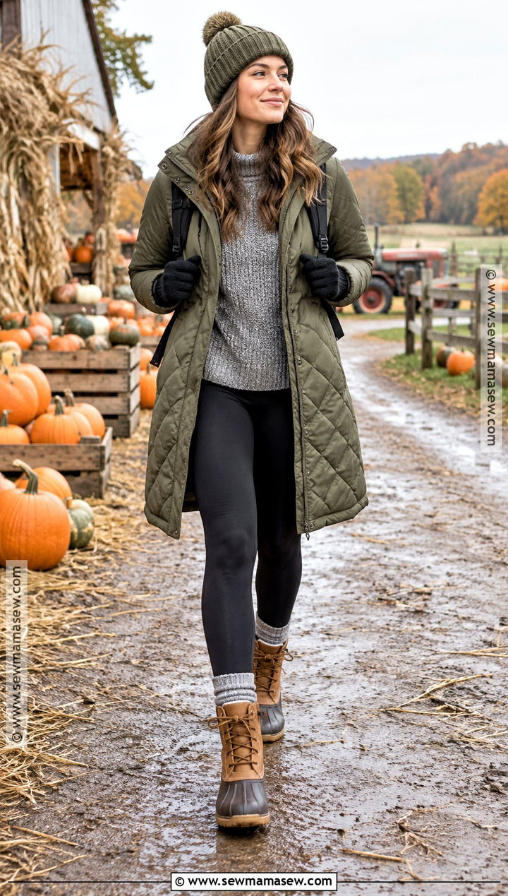 Pumpkin Patch Outfit With Quilted Coat And Leggings - 25 pumpkin patch outfit cold weather ideas