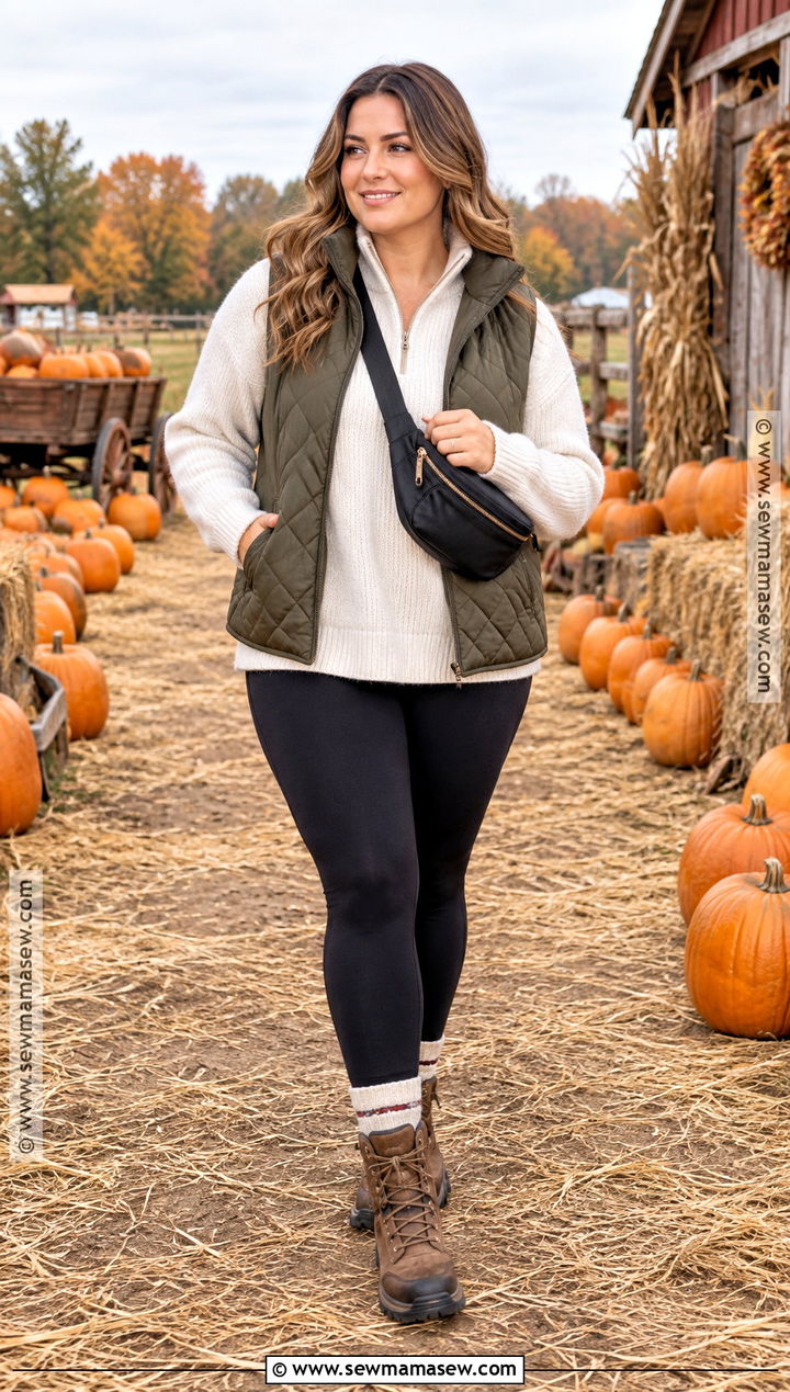 Pumpkin Patch Outfit With Quilted Vest And Leggings - 15 Fall Outfit Inspo Pumpkin Patch Ideas