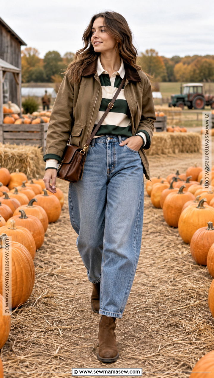 Pumpkin Patch Outfit With Rugby Shirt And Barrel Jeans - 30 pumpkin patch outfit ideas