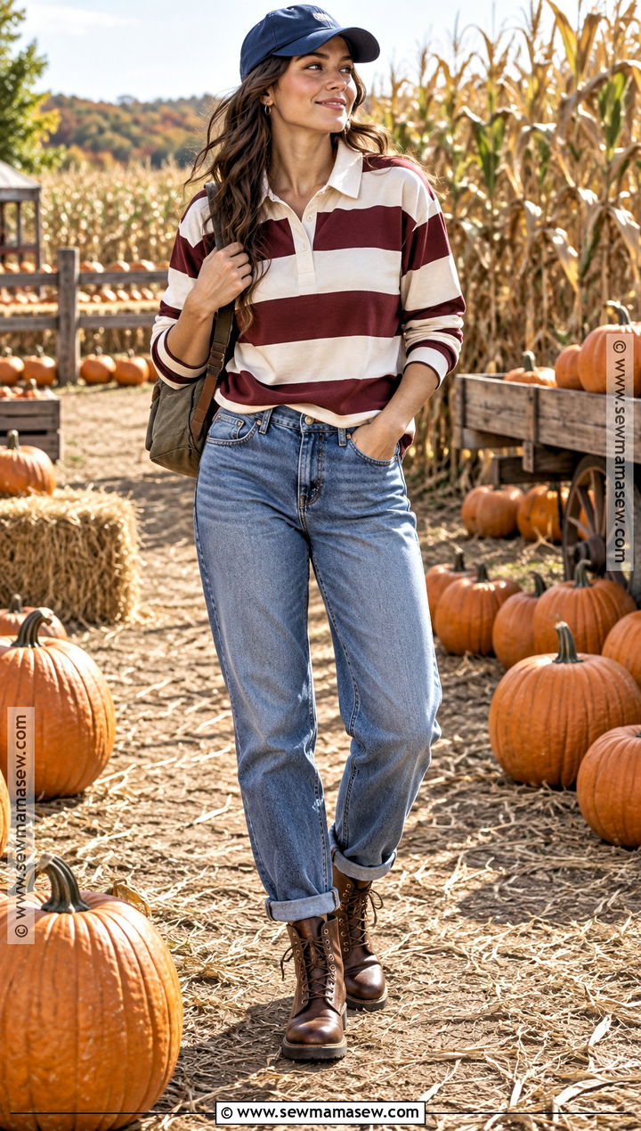 Pumpkin Patch Outfit With Rugby Shirt And Relaxed Jeans - 15 fall fits for pumpkin patch