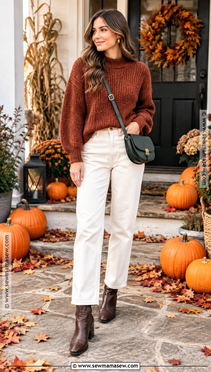 Pumpkin Patch Outfit With Rust Sweater And White Jeans - 30 pumpkin patch outfit ideas