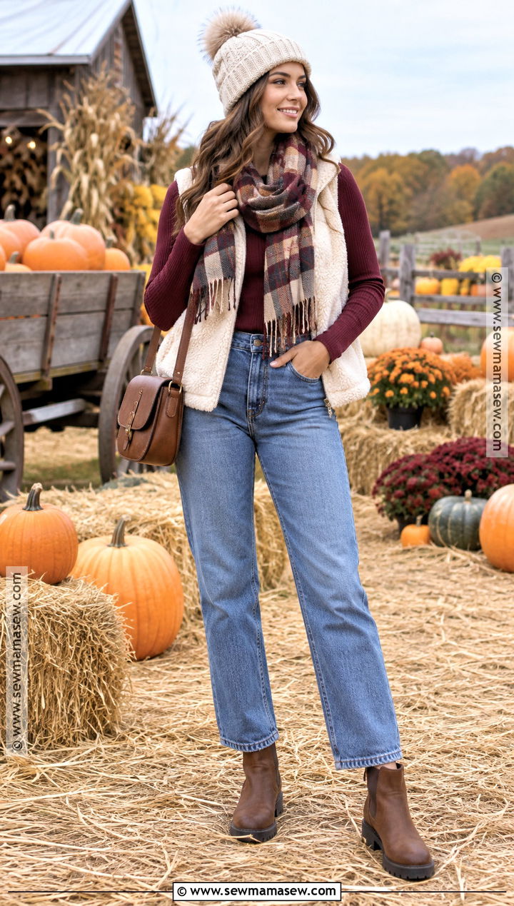 Pumpkin Patch Outfit With Sherpa Vest And Thermal Top - 25 pumpkin patch outfit cold weather ideas