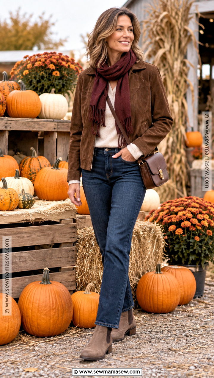 Pumpkin Patch Outfit With Suede Jacket And Dark Denim - 20 Fall Outfits For Pumpkin Patch