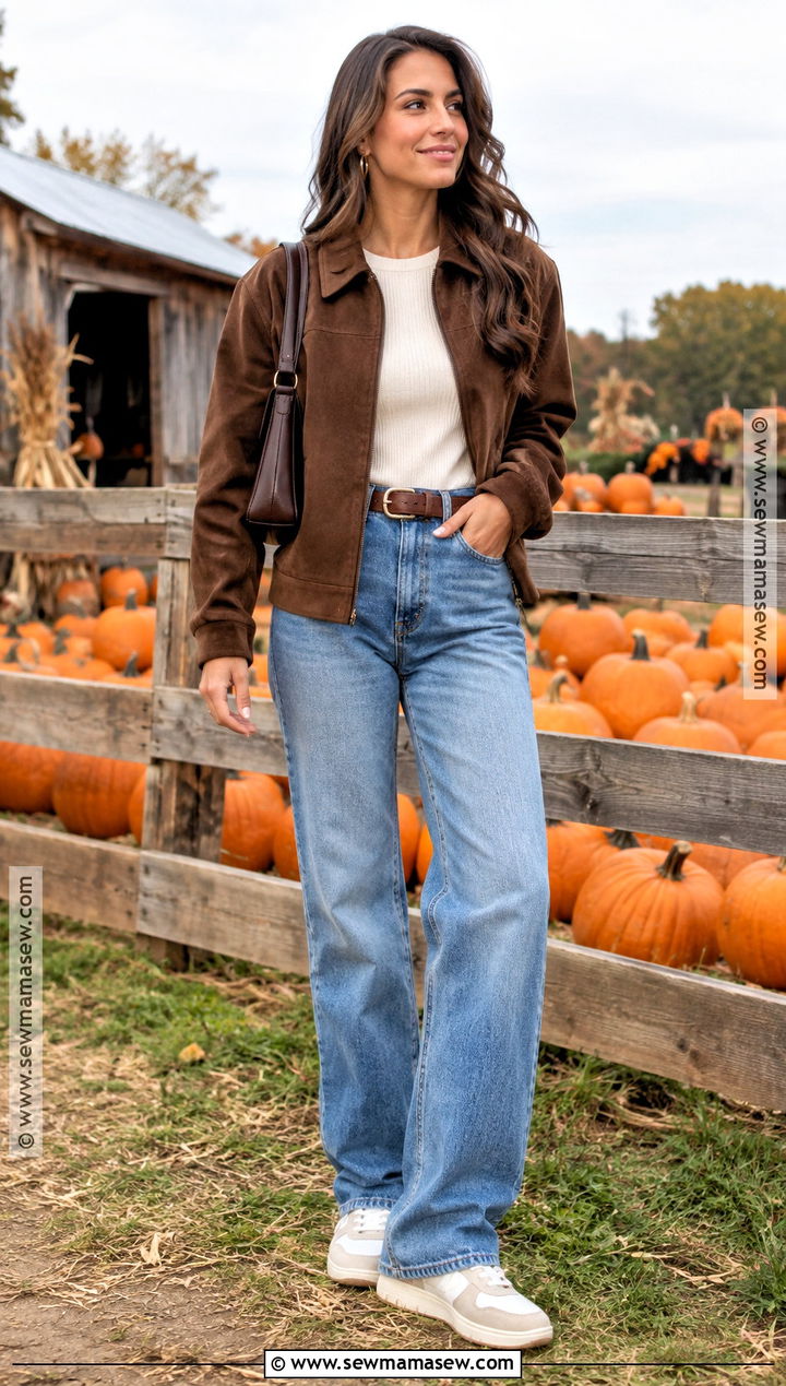 Pumpkin Patch Outfit With Suede Jacket And Relaxed Jeans - 25 Pumpkin Patch Outfit Ideas