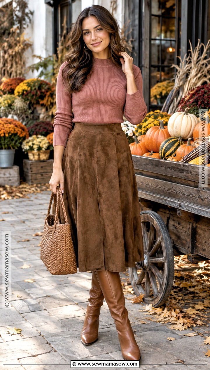 Pumpkin Patch Outfit With Suede Skirt And Fitted Sweater - 30 pumpkin patch outfit ideas