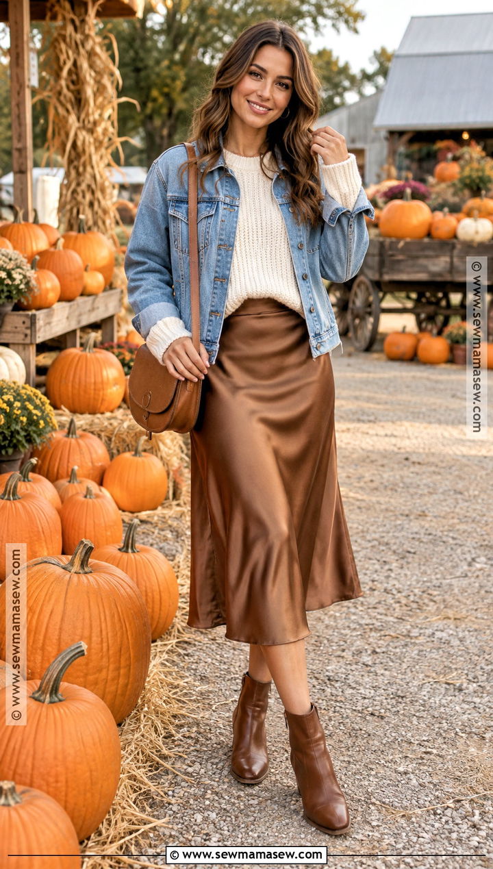 Pumpkin Patch Outfit With Sweater And Satin Midi Skirt - 25 Pumpkin Patch Outfit Ideas