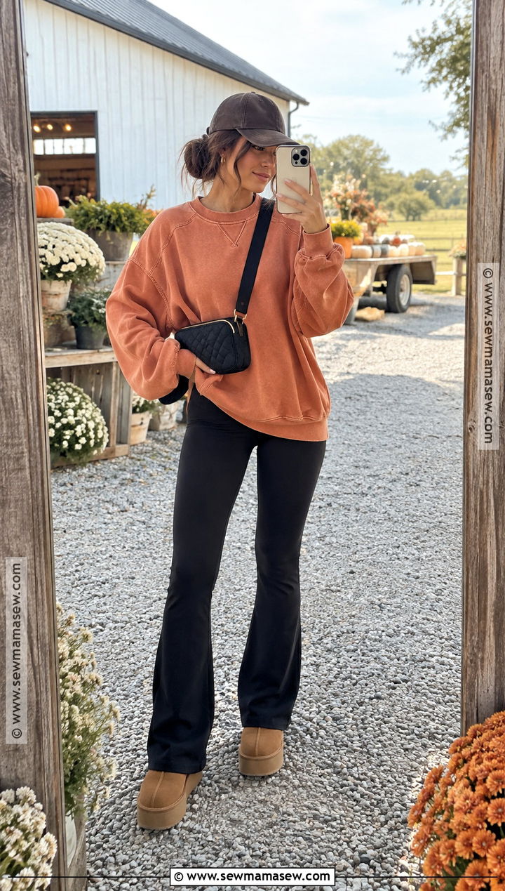 Pumpkin Patch Outfit With Sweatshirt And Flared Leggings - 20 pumpkin outfit ideas for women