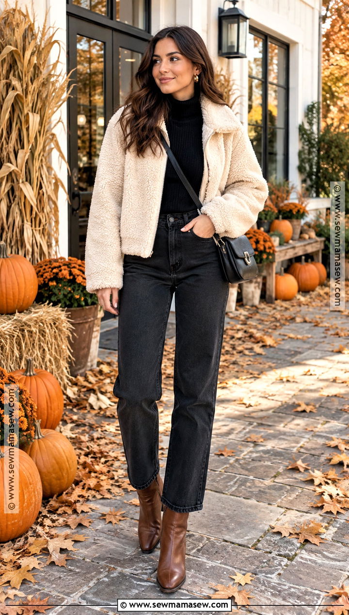 Pumpkin Patch Outfit With Teddy Jacket And Black Jeans - 25 pumpkin patch outfit cold weather ideas