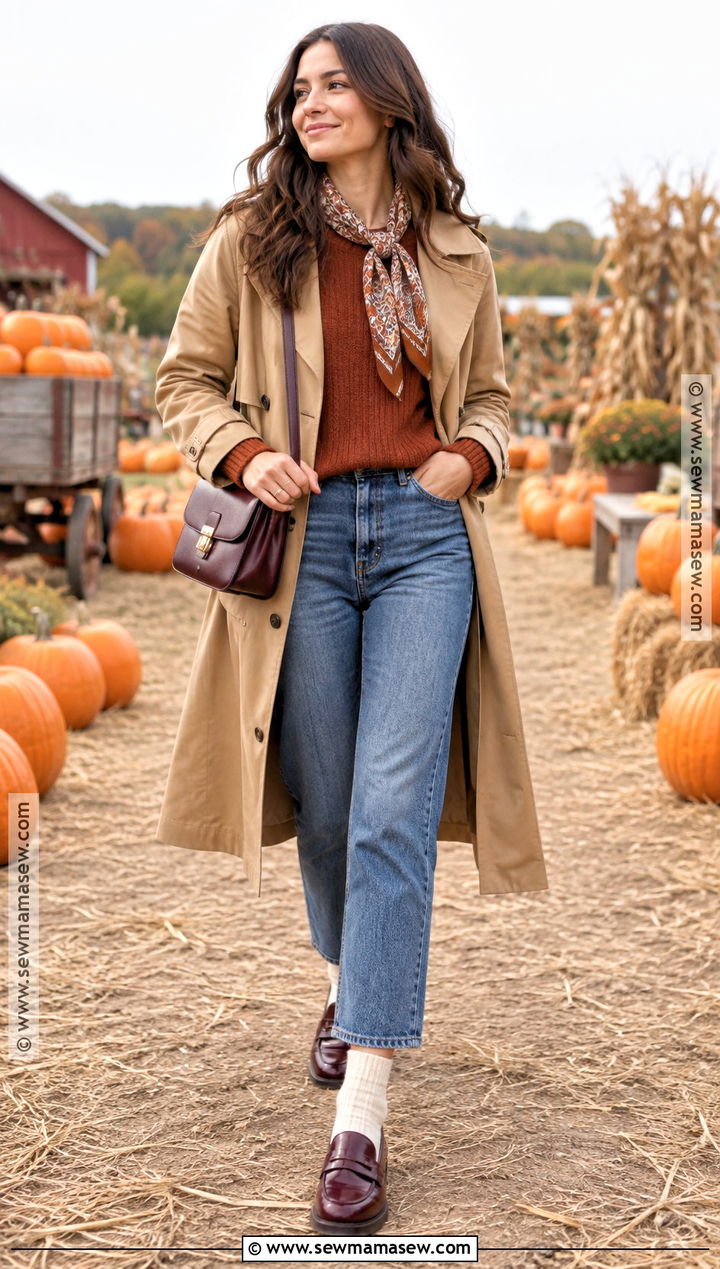 Pumpkin Patch Outfit With Trench Coat And Cropped Jeans - 20 pumpkin outfit ideas for women