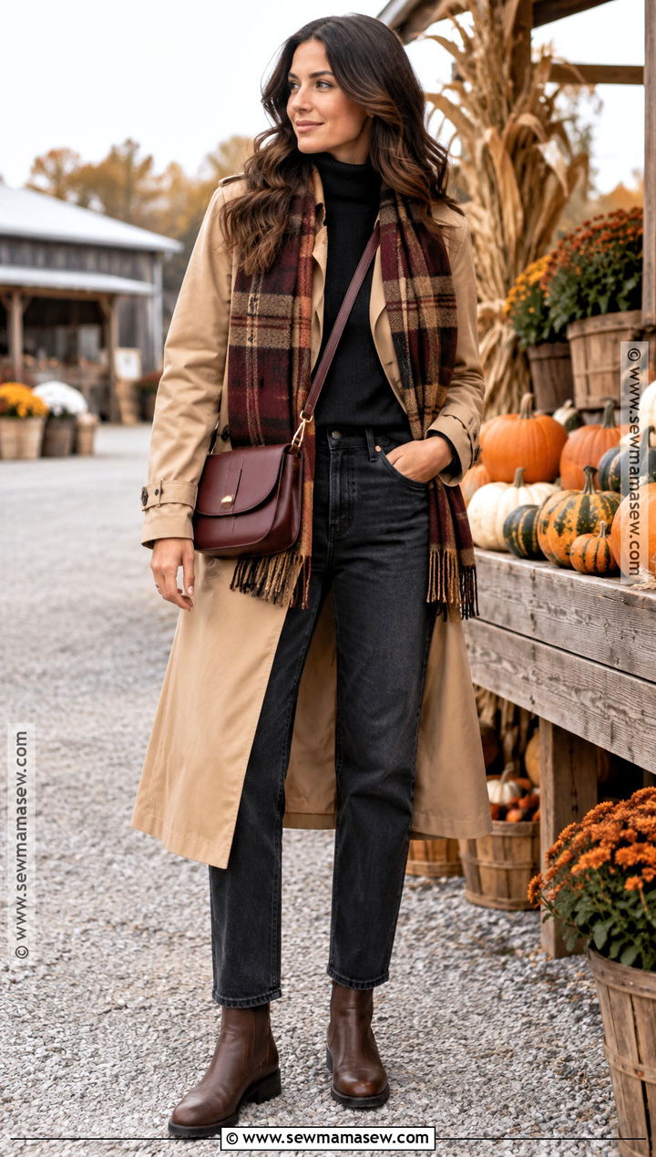 Pumpkin Patch Outfit With Trench Coat And Dark Denim - 30 pumpkin patch outfit ideas