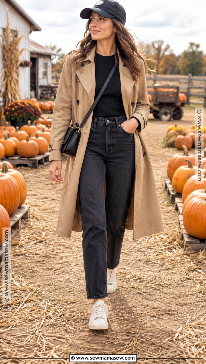 Pumpkin Patch Outfit With Trench Coat And Sneakers - 25 Pumpkin Patch Outfit Ideas