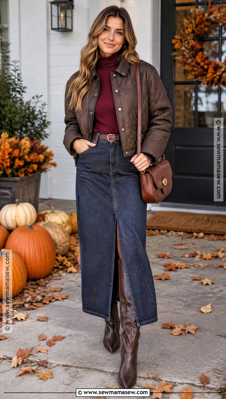 Pumpkin Patch Outfit With Turtleneck And Denim Maxi Skirt - 20 pumpkin outfit ideas for women