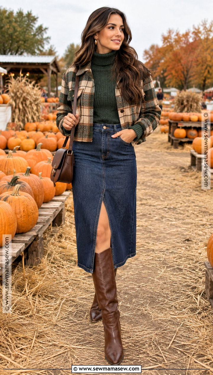 Pumpkin Patch Outfit With Turtleneck And Denim Midi Skirt - 20 Fall Outfits For Pumpkin Patch