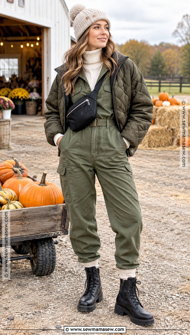 Pumpkin Patch Outfit With Utility Jumpsuit And Turtleneck - 25 pumpkin patch outfit cold weather ideas