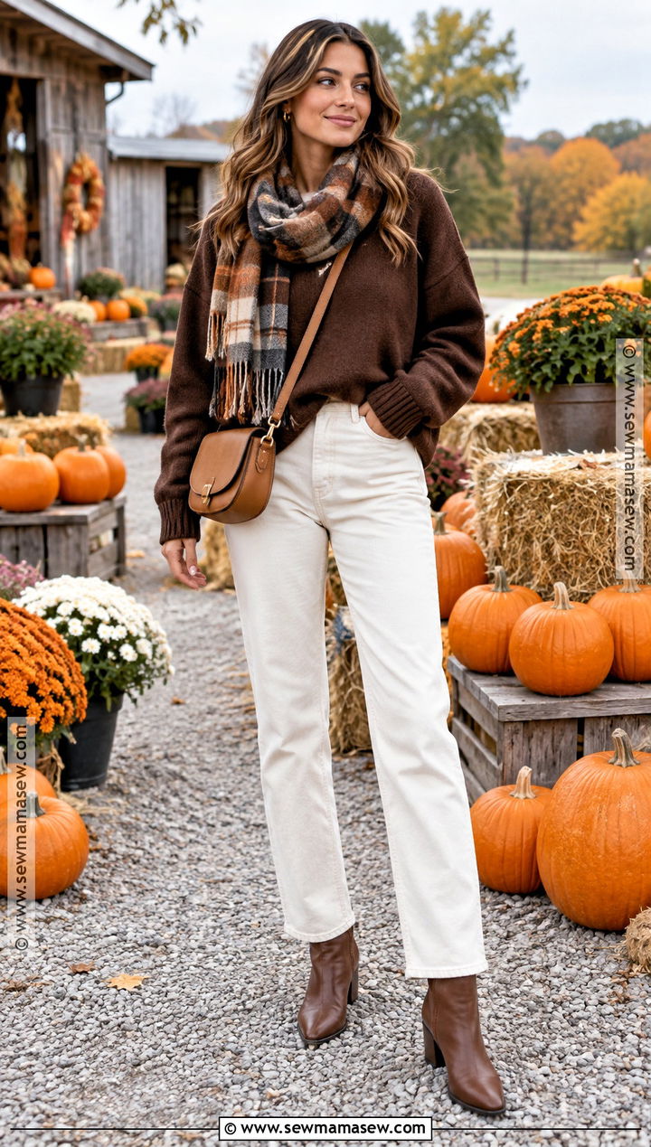 Pumpkin Patch Outfit With White Jeans And Brown Sweater - 25 Pumpkin Patch Outfit Ideas