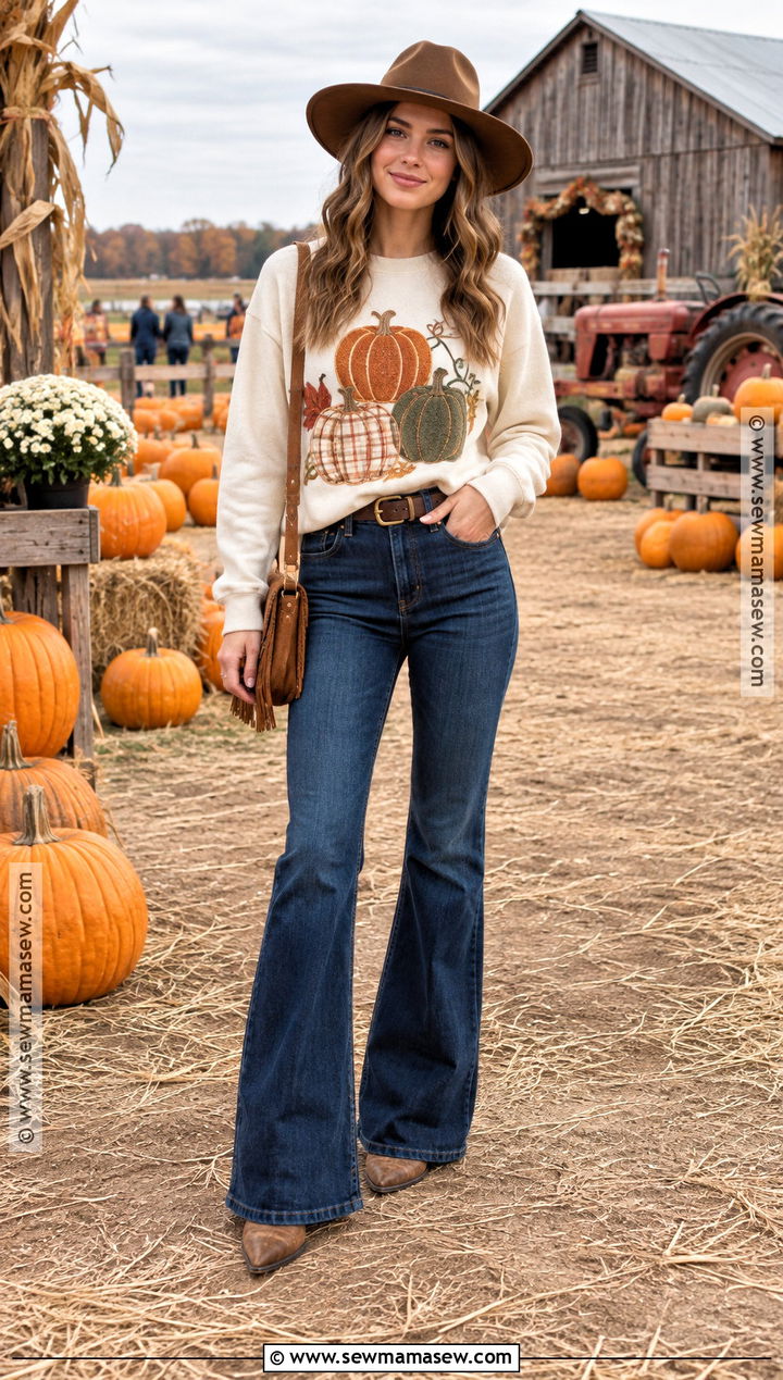 Pumpkin Patchwork Sweatshirt With Flared Jeans - 15 pumpkin patchwork sweatshirt ideas