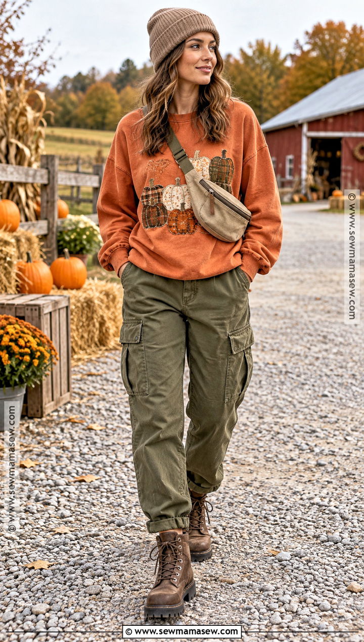 Pumpkin Patchwork Sweatshirt With Olive Cargo Pants - 15 pumpkin patchwork sweatshirt ideas