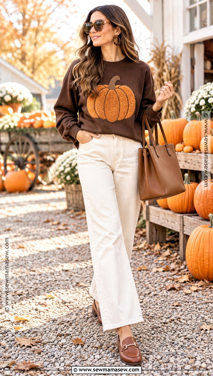 Pumpkin Patchwork Sweatshirt With White Wide Leg Jeans - 15 pumpkin patchwork sweatshirt ideas