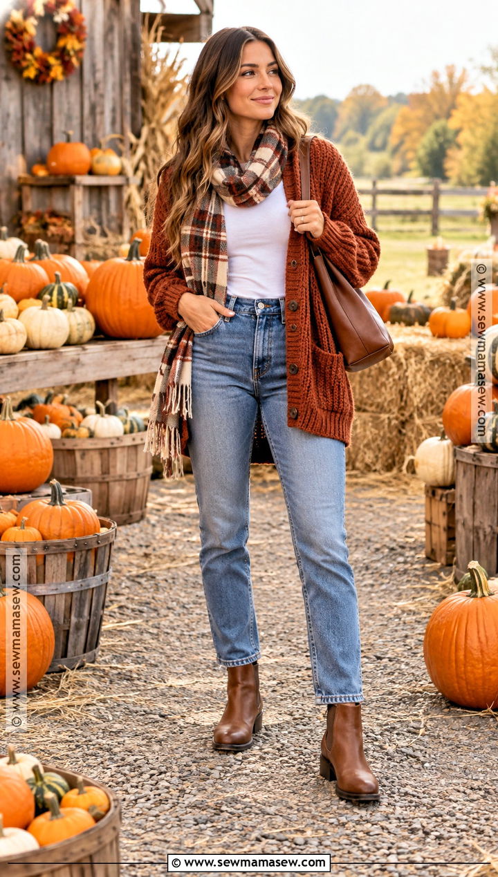 Pumpkin Picking Outfit With A Cardigan And Jeans - 25 Pumpkin Picking Outfit Fall Ideas