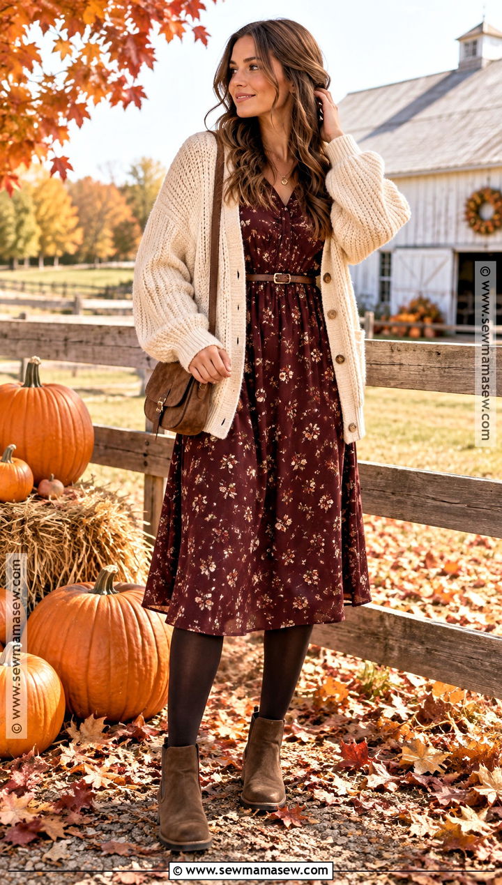Pumpkin Picking Outfit With A Floral Dress - 25 Pumpkin Picking Outfit Fall Ideas
