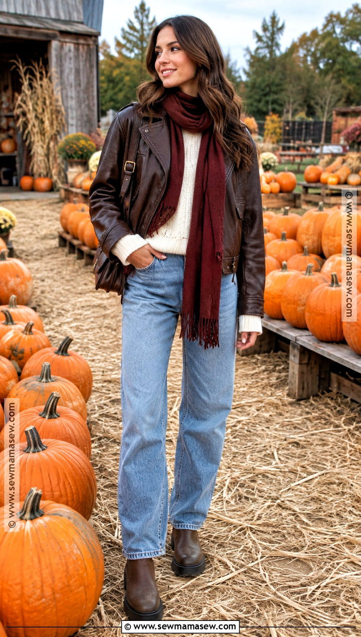 Pumpkin Picking Outfit With A Leather Jacket - 25 Pumpkin Picking Outfit Fall Ideas