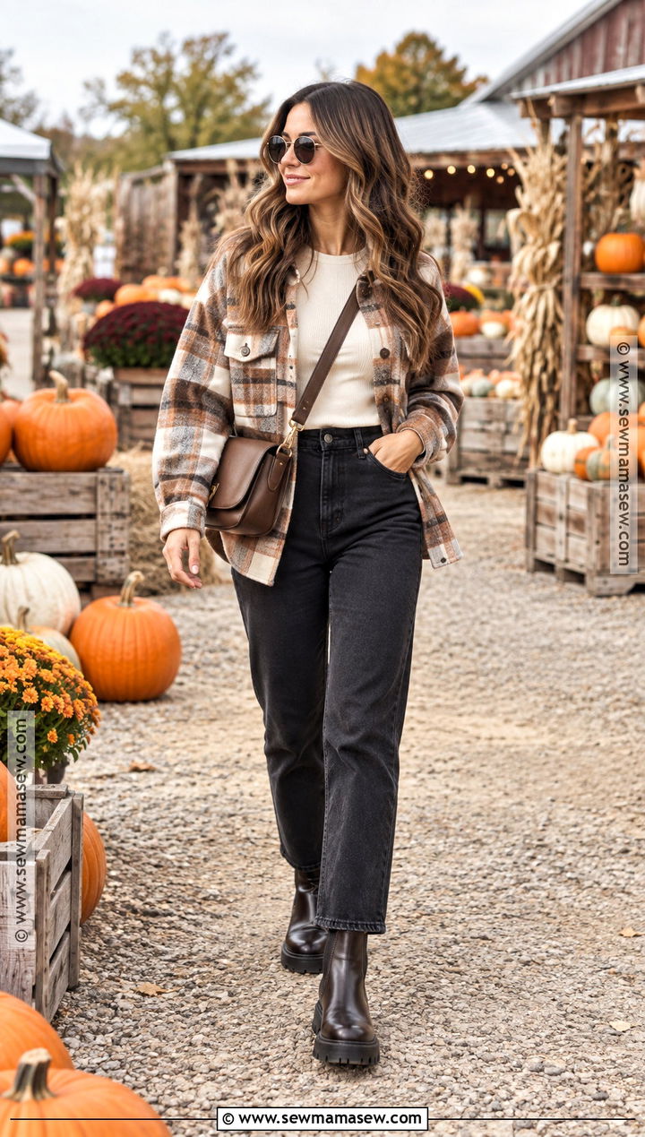 Pumpkin Picking Outfit With A Plaid Shacket - 25 Pumpkin Picking Outfit Fall Ideas