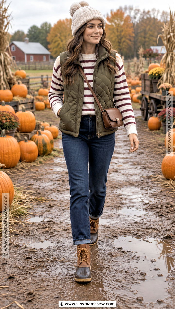 Pumpkin Picking Outfit With A Quilted Vest - 25 Pumpkin Picking Outfit Fall Ideas