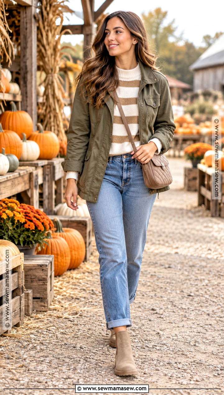 Pumpkin Picking Outfit With A Striped Sweater - 25 Pumpkin Picking Outfit Fall Ideas