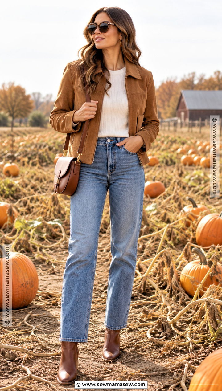 Pumpkin Picking Outfit With A Suede Jacket - 25 Pumpkin Picking Outfit Fall Ideas